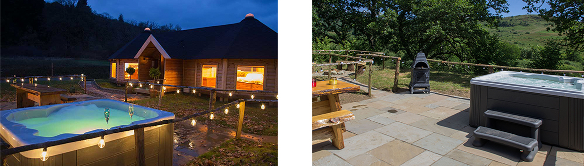 Braden Lodges Scotland with Hot Tub and Arctic Cabin at night. Stone Patio with wood fire stove and hot tub during the day with scottish hill in the backdrop.