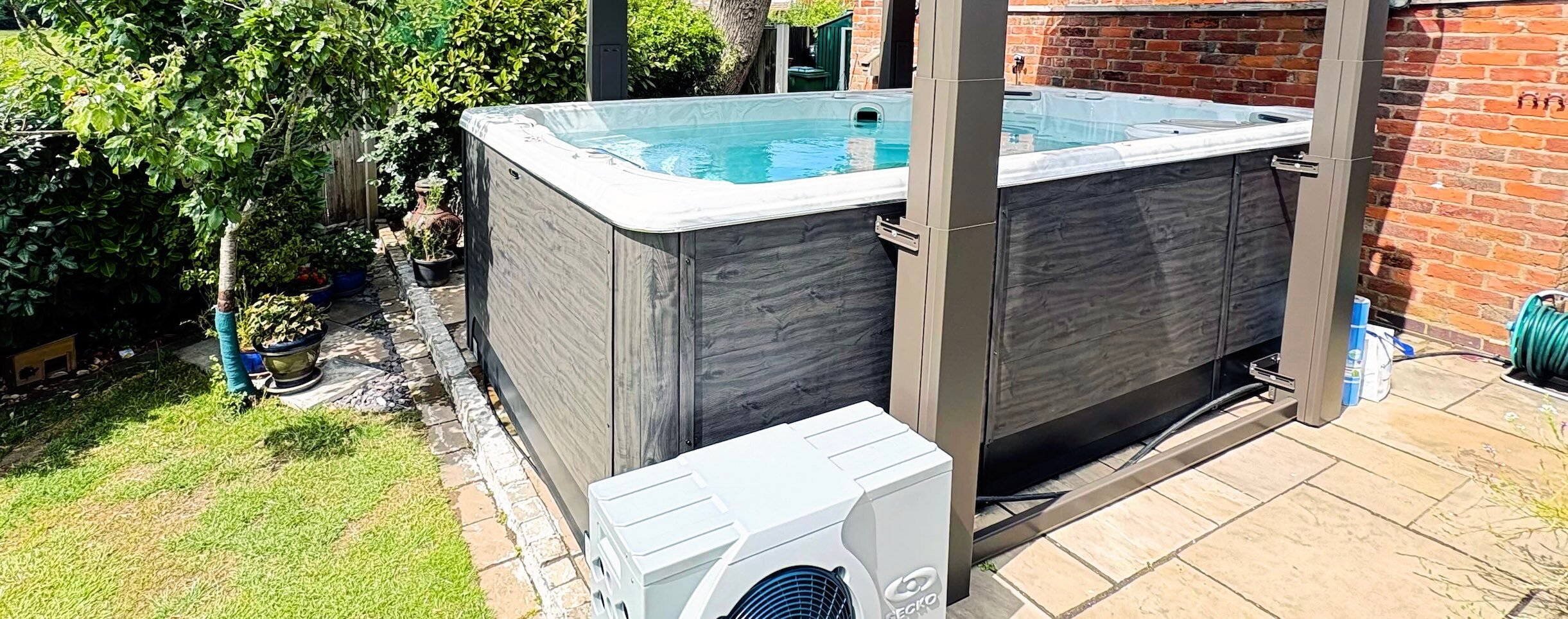 A brand new energy-saving swim spa with air source heat pump.