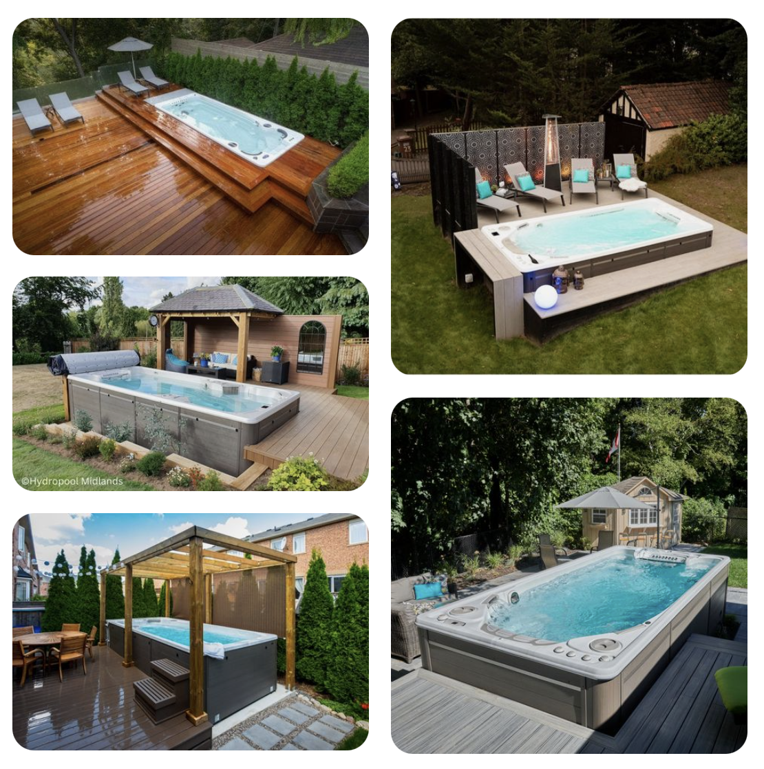 Top garden installations of constant current swim spa collage.
