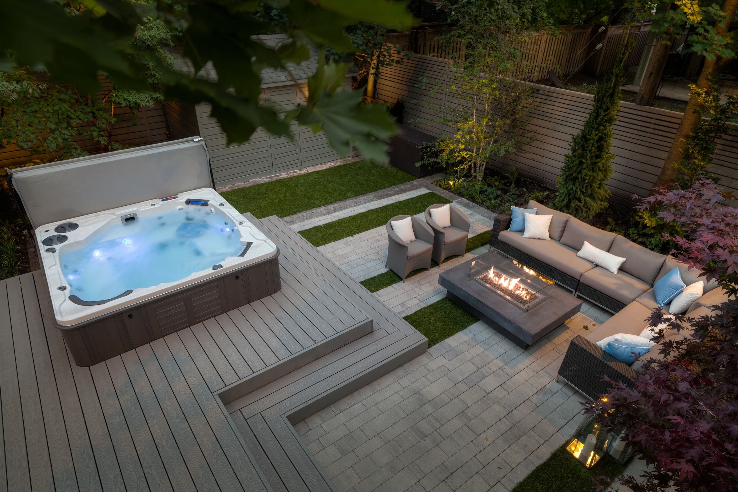 A hot tub with low decking surround to use a step.