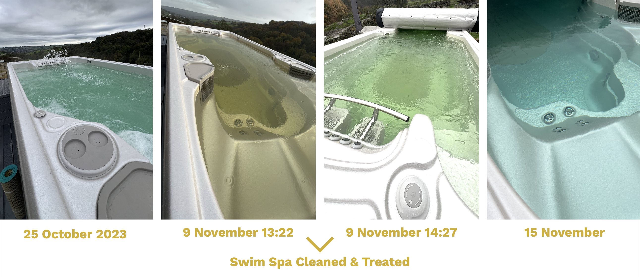 A series of four photos showing a greenish swim spa , brown swim spa, green swampy water, to blue water finally.