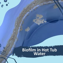 The water line of a hot tub with beige orange biofilm around and in the water.