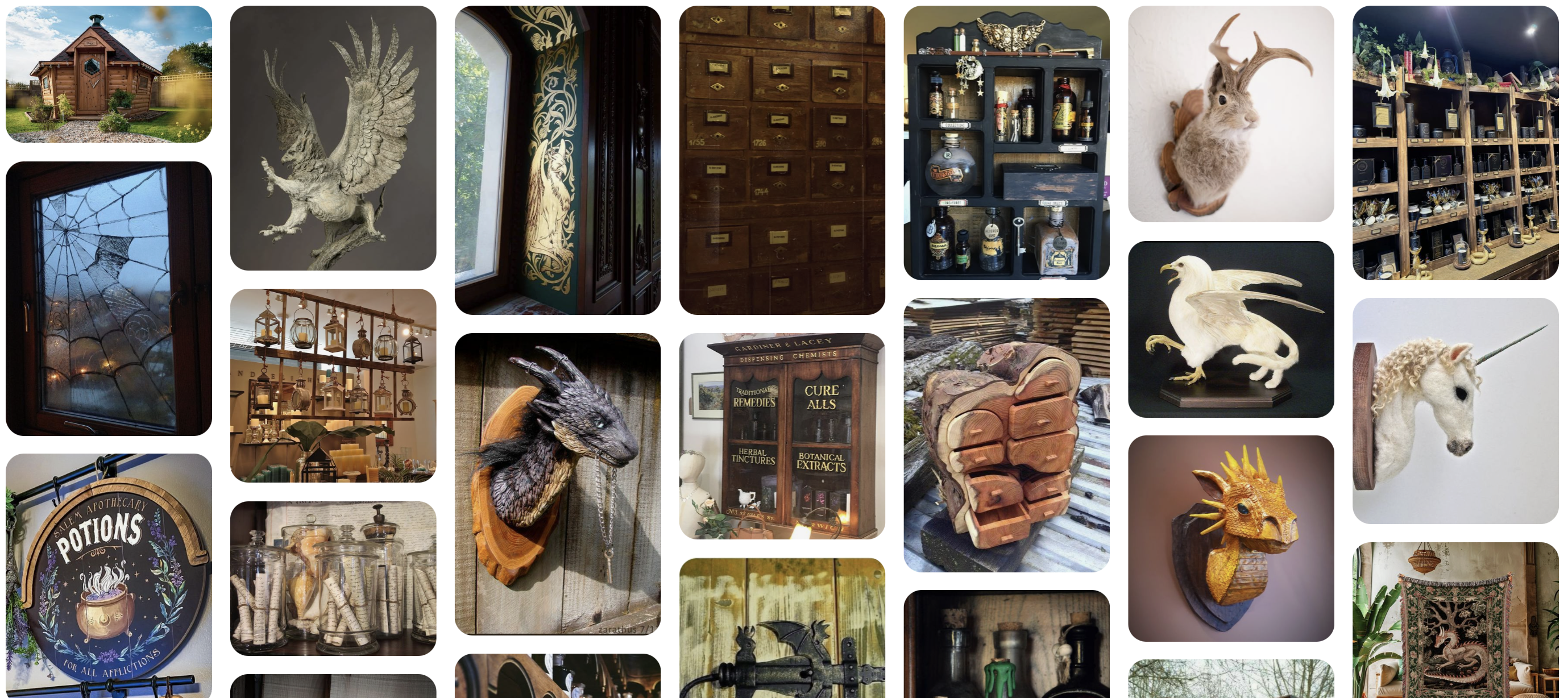 A collection of pinterest images showing a Fantasy Creatures and Magic BBQ Cabin theme.
