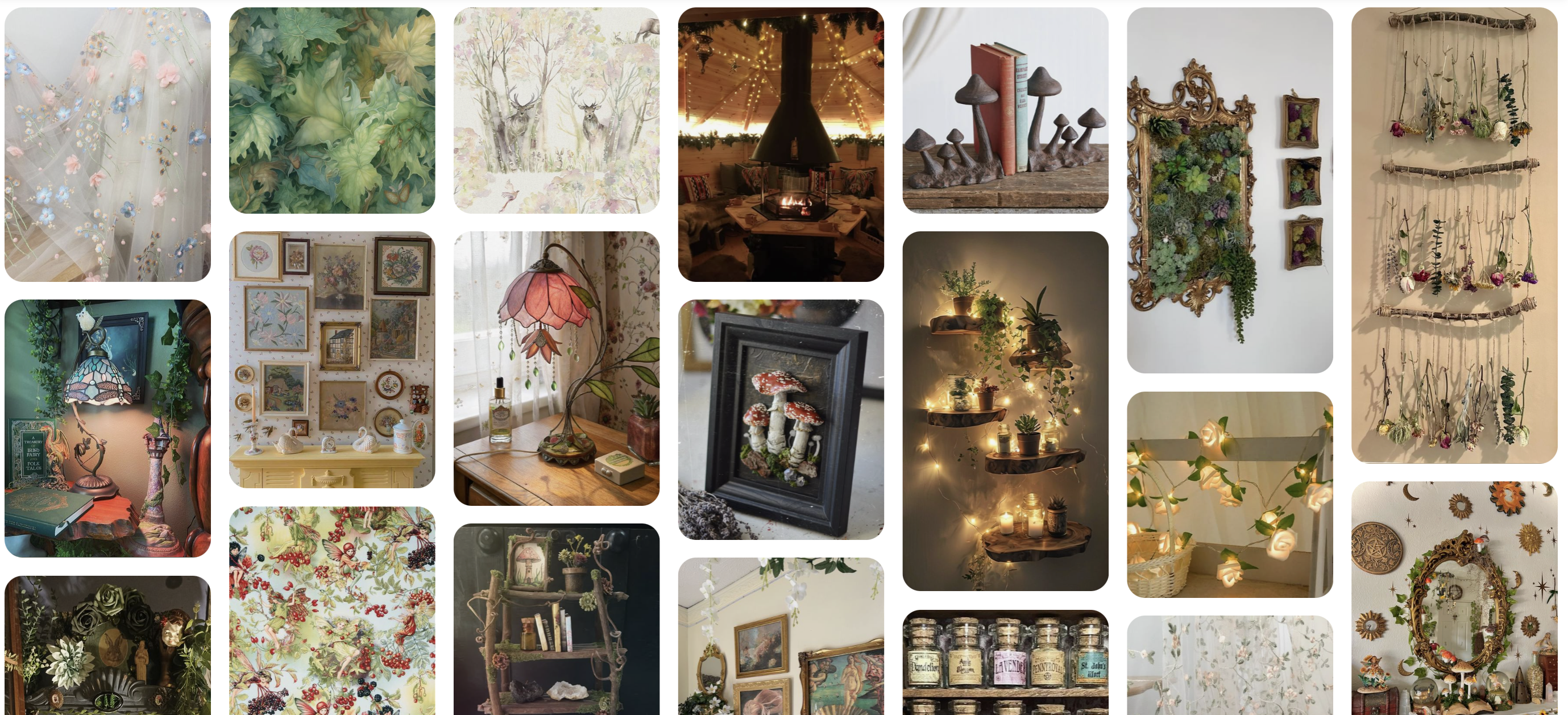 A collection of pinterest images showing a Fantasy Fairy BBQ Cabin theme.
