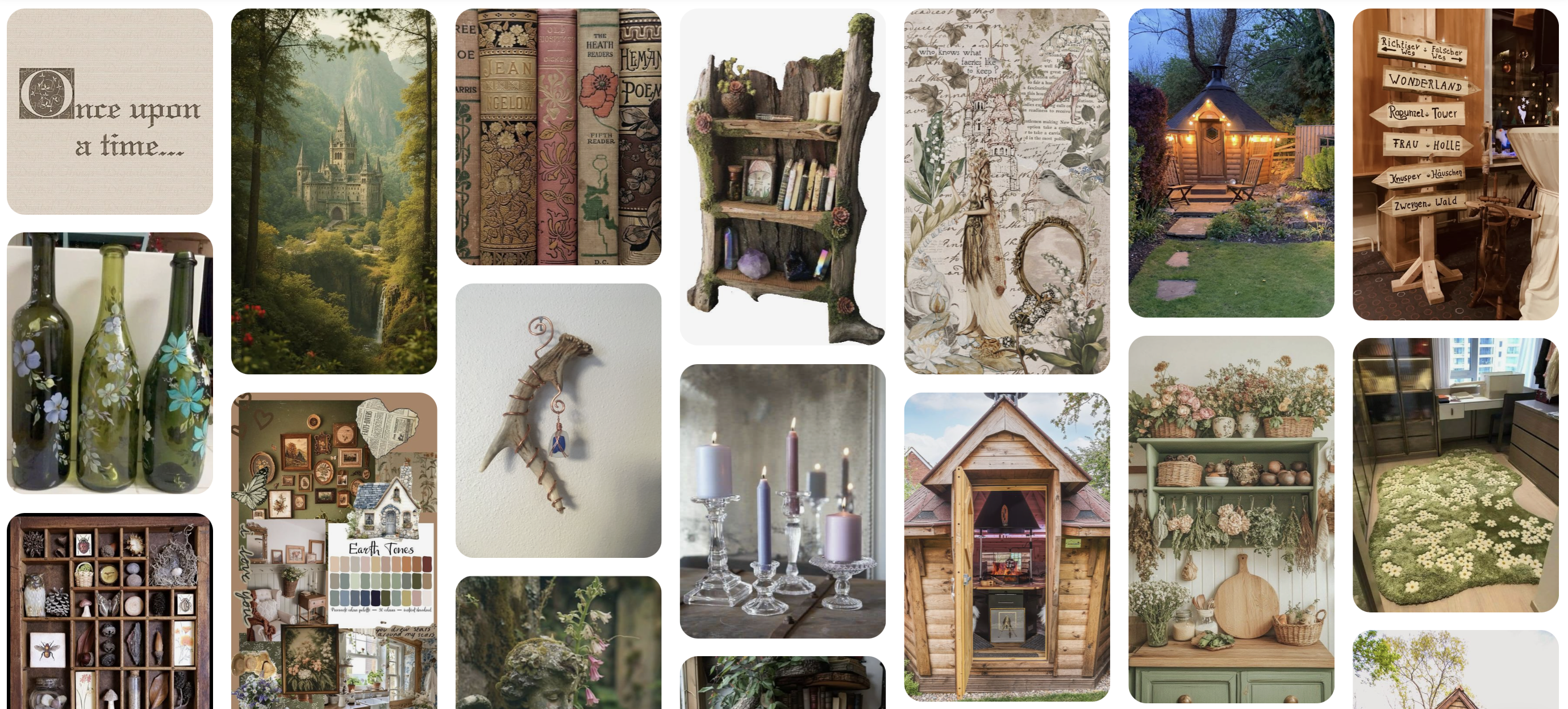 A collection of pinterest images showing a forest Fairytale BBQ Cabin theme.