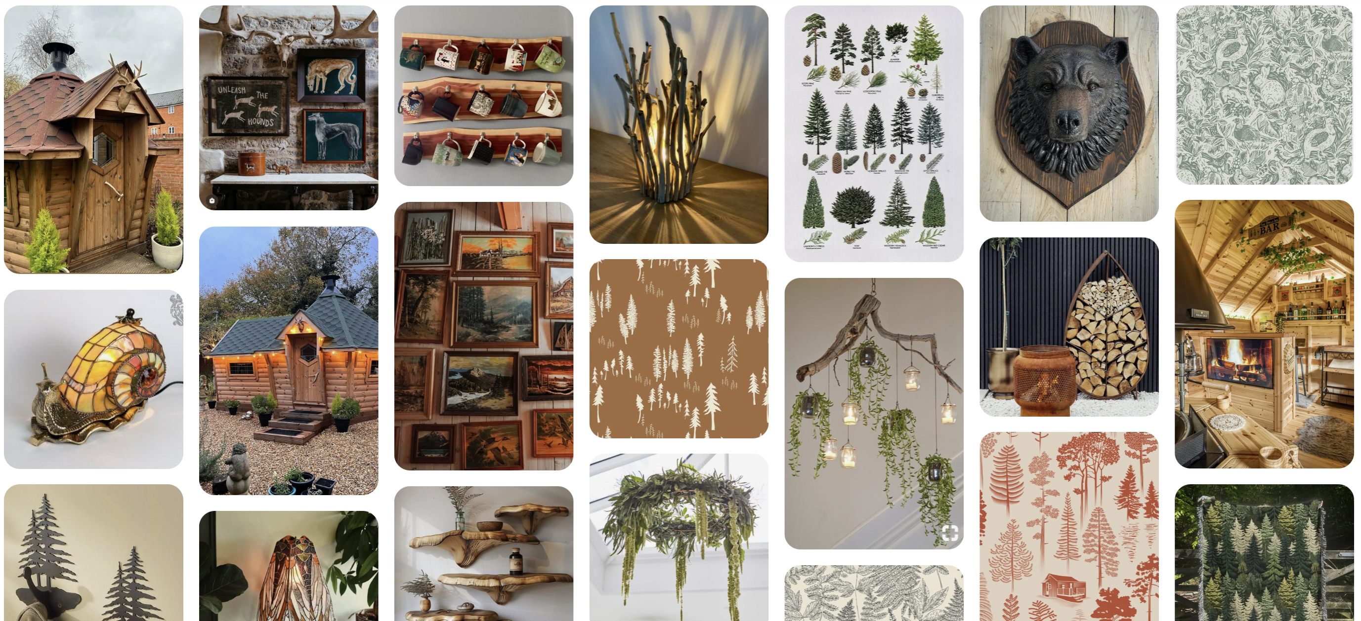 A collection of pinterest images showing a forest BBQ Cabin theme.