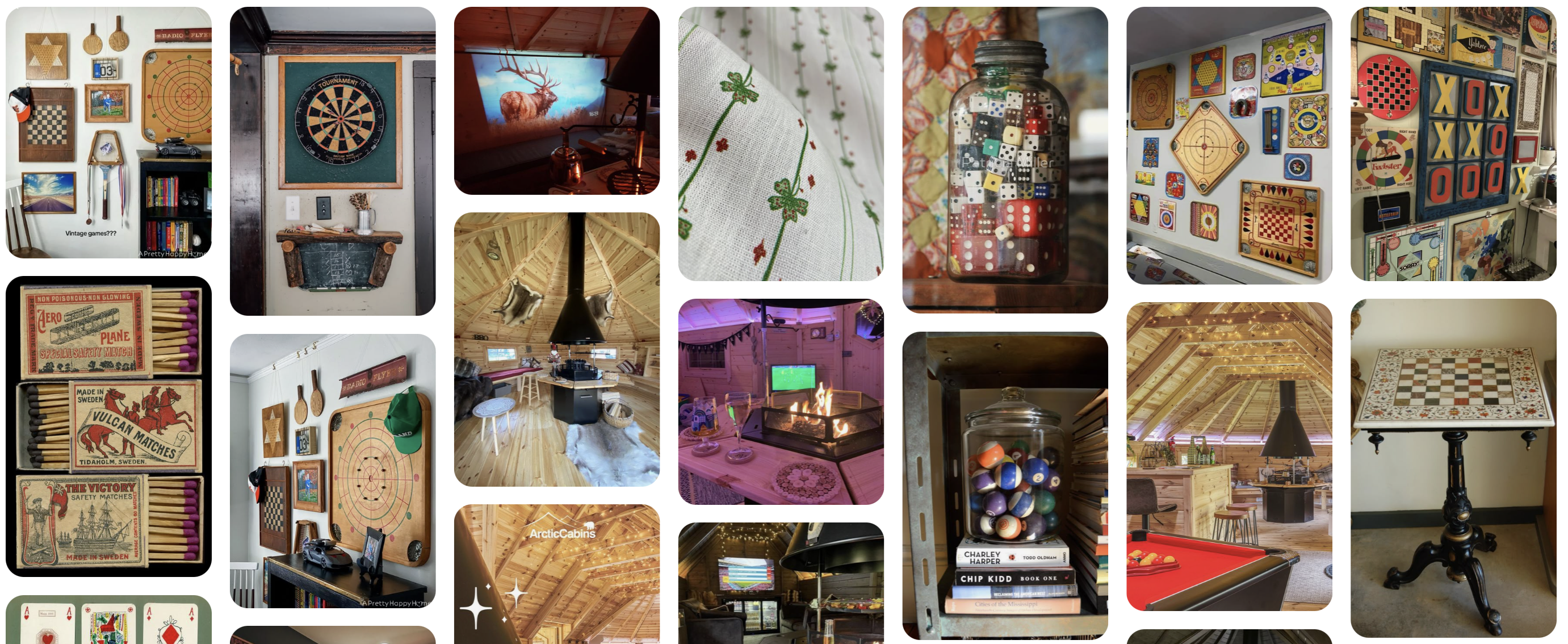 A collection of pinterest images showing a Game Room BBQ Cabin theme.