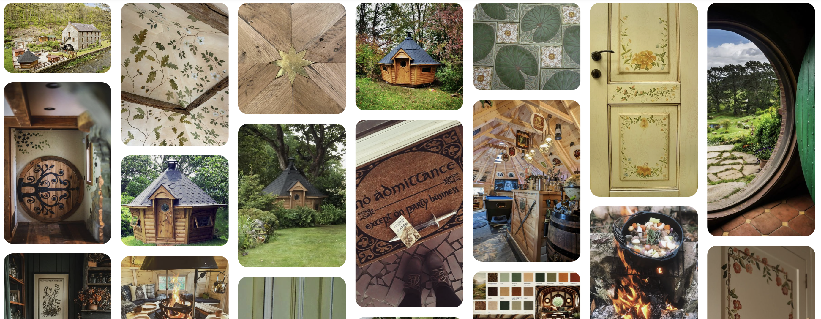 A collection of pinterest images showing a Hobbit BBQ Cabin theme.