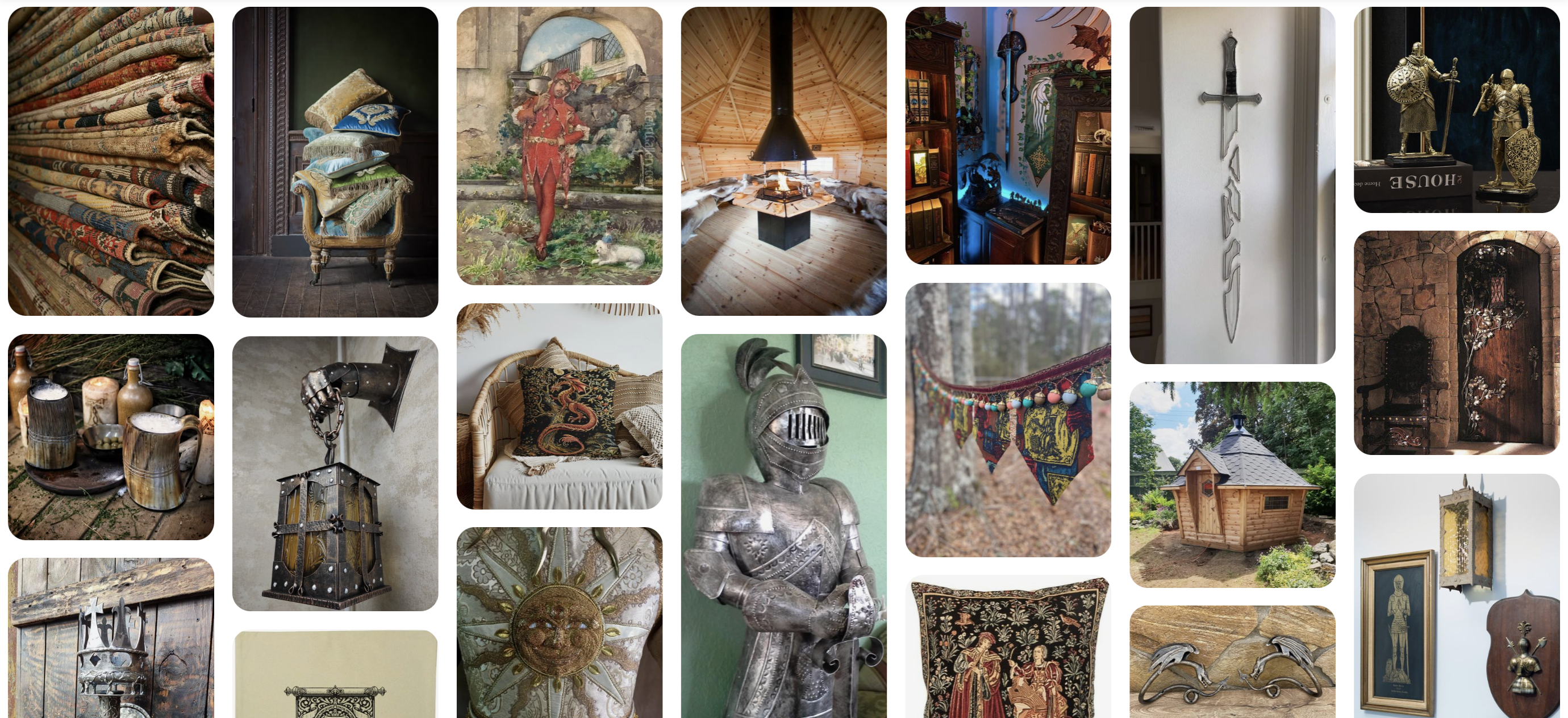 A collection of pinterest images showing a Fantasy Knights BBQ Cabin theme.