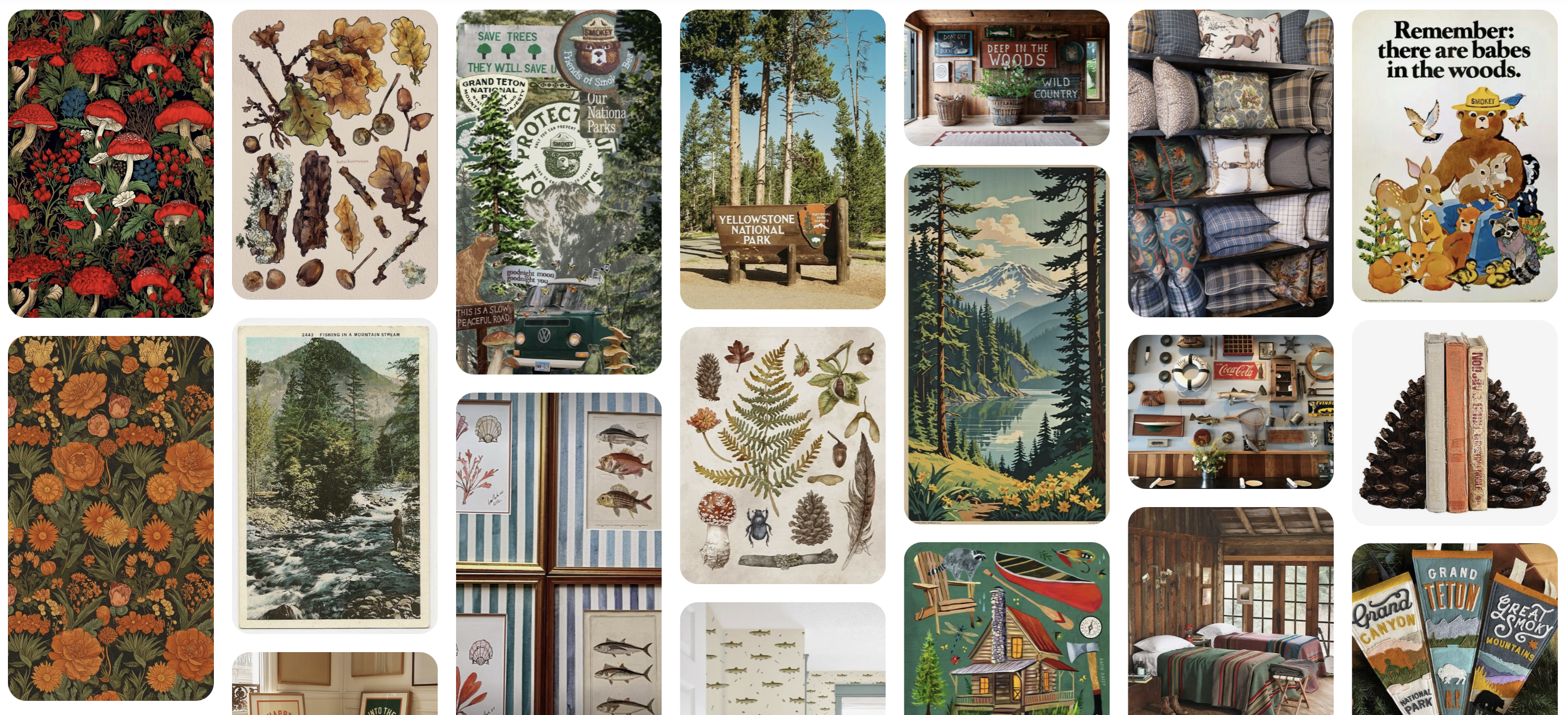 A collection of pinterest images showing a forest National Park BBQ Cabin theme.