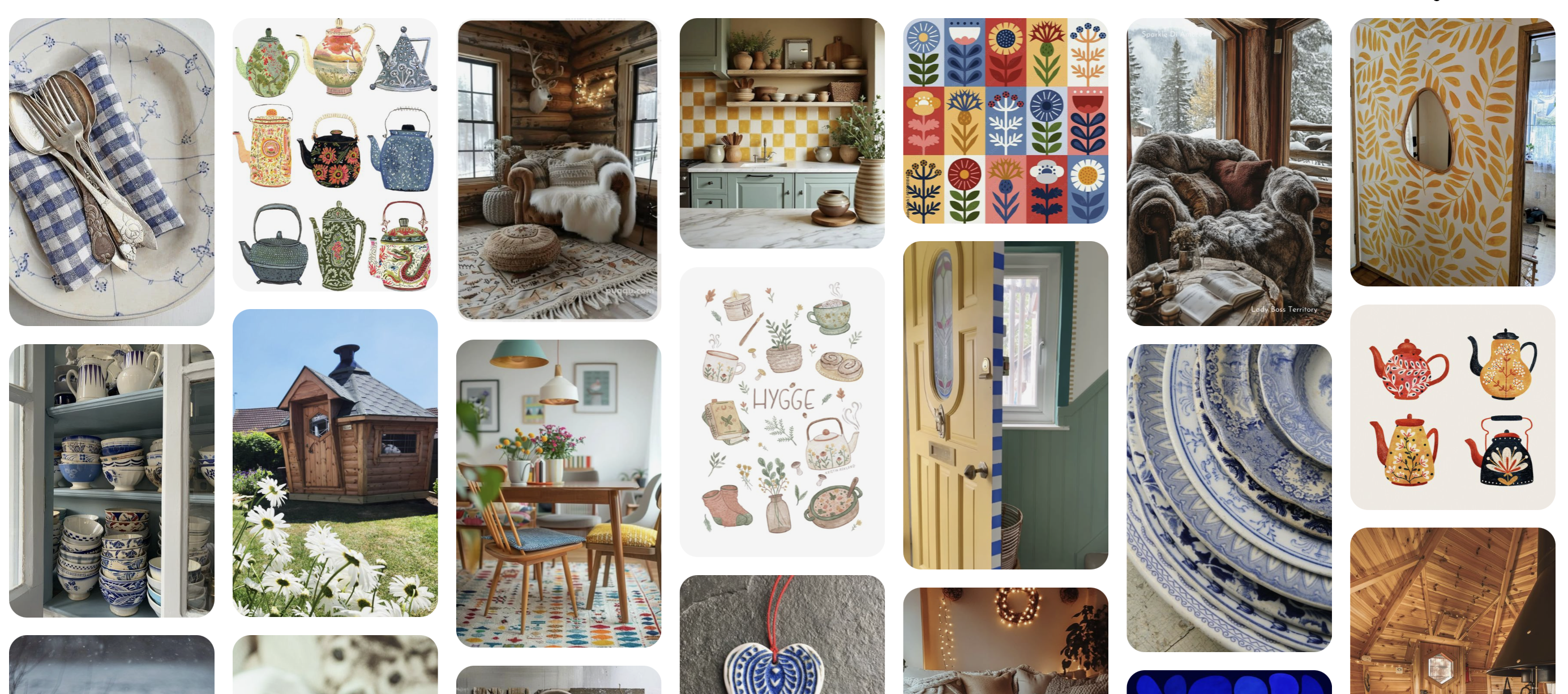 A collection of pinterest images showing a Scandi BBQ Cabin theme.