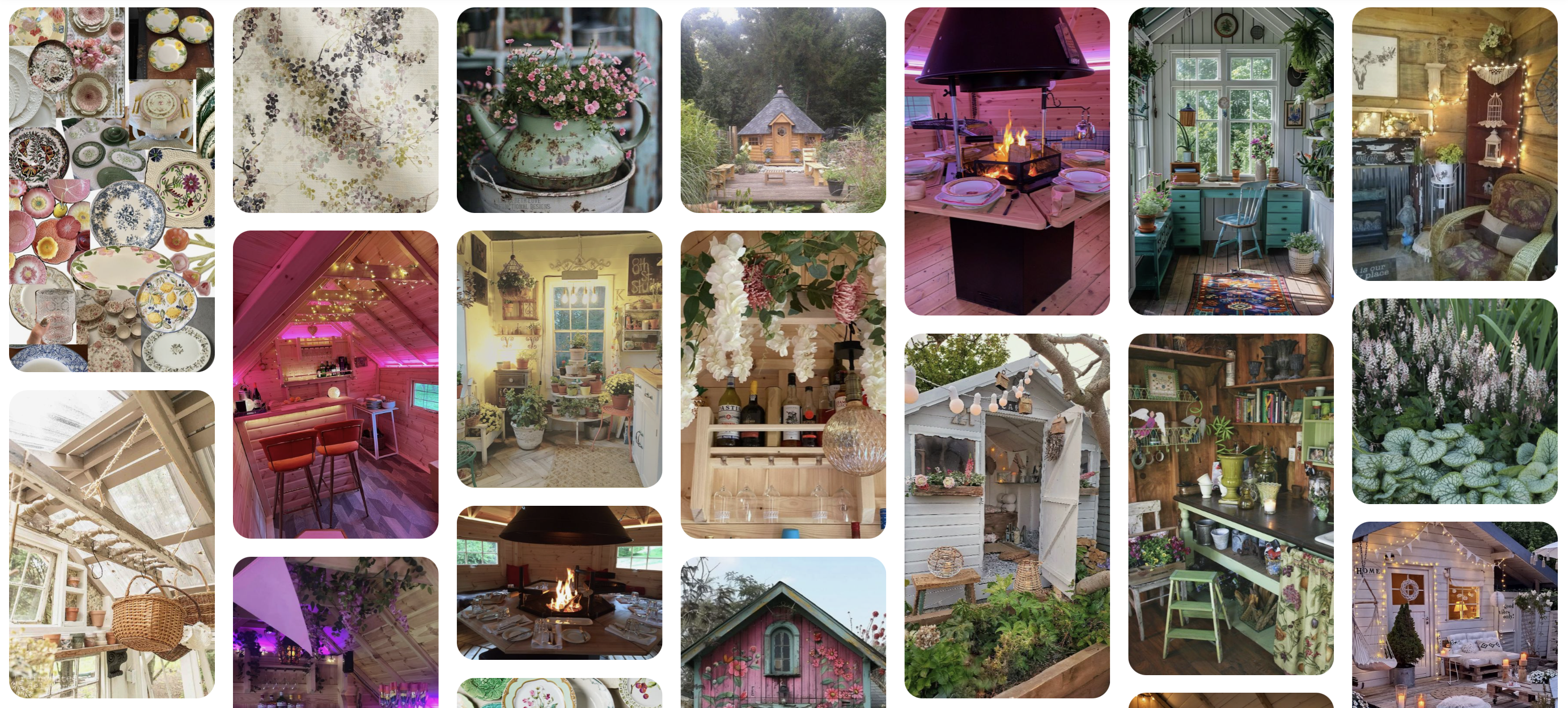 A collection of pinterest images showing a She Shed BBQ Cabin theme.