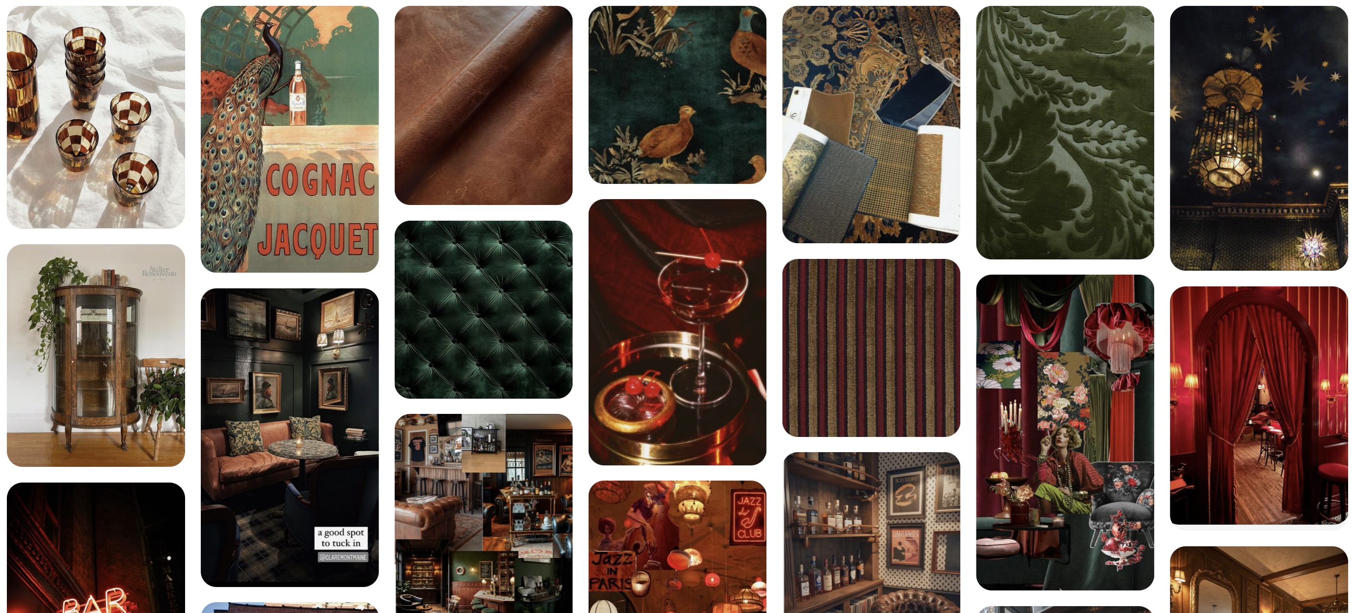 A collection of pinterest images showing a Speakeasy BBQ Cabin theme.