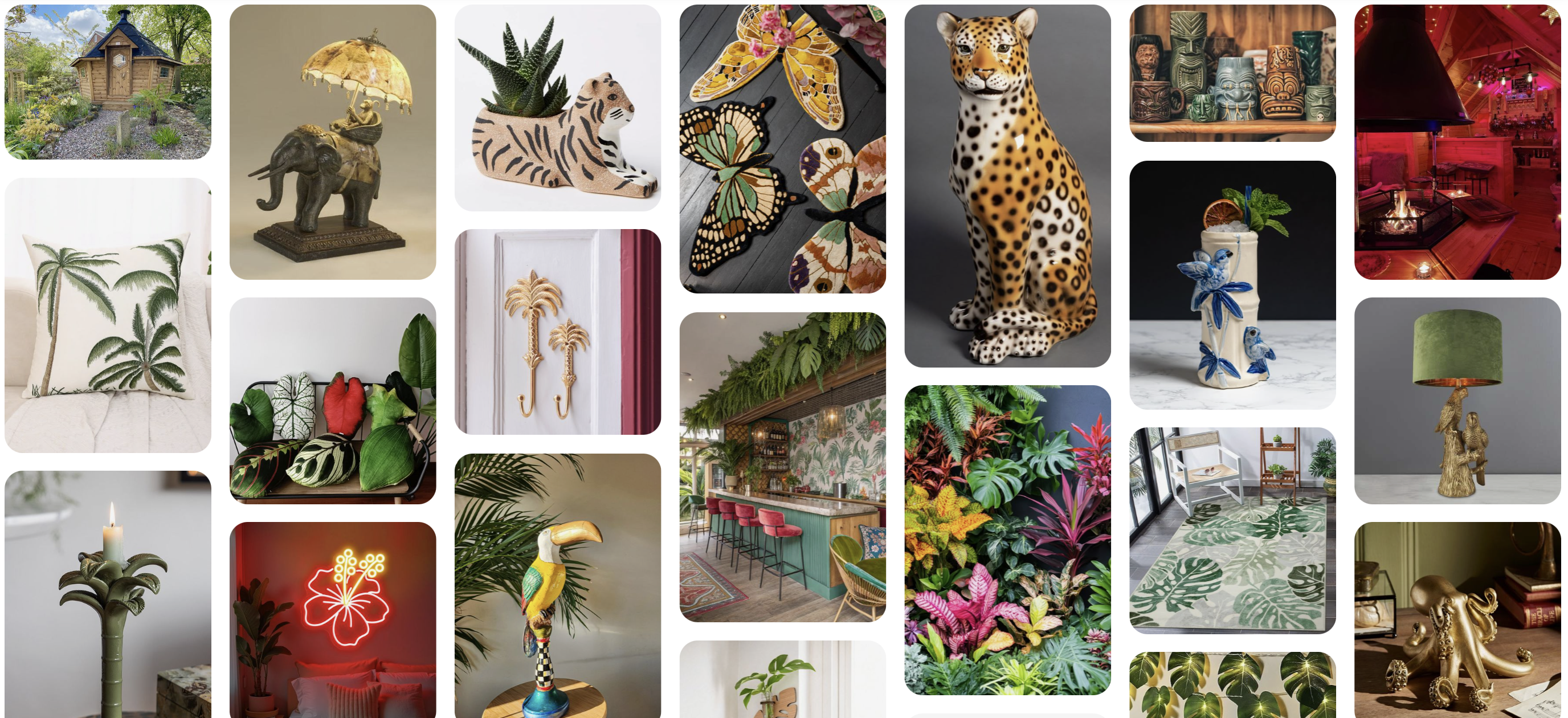 A collection of pinterest images showing a Tropical BBQ Cabin theme.