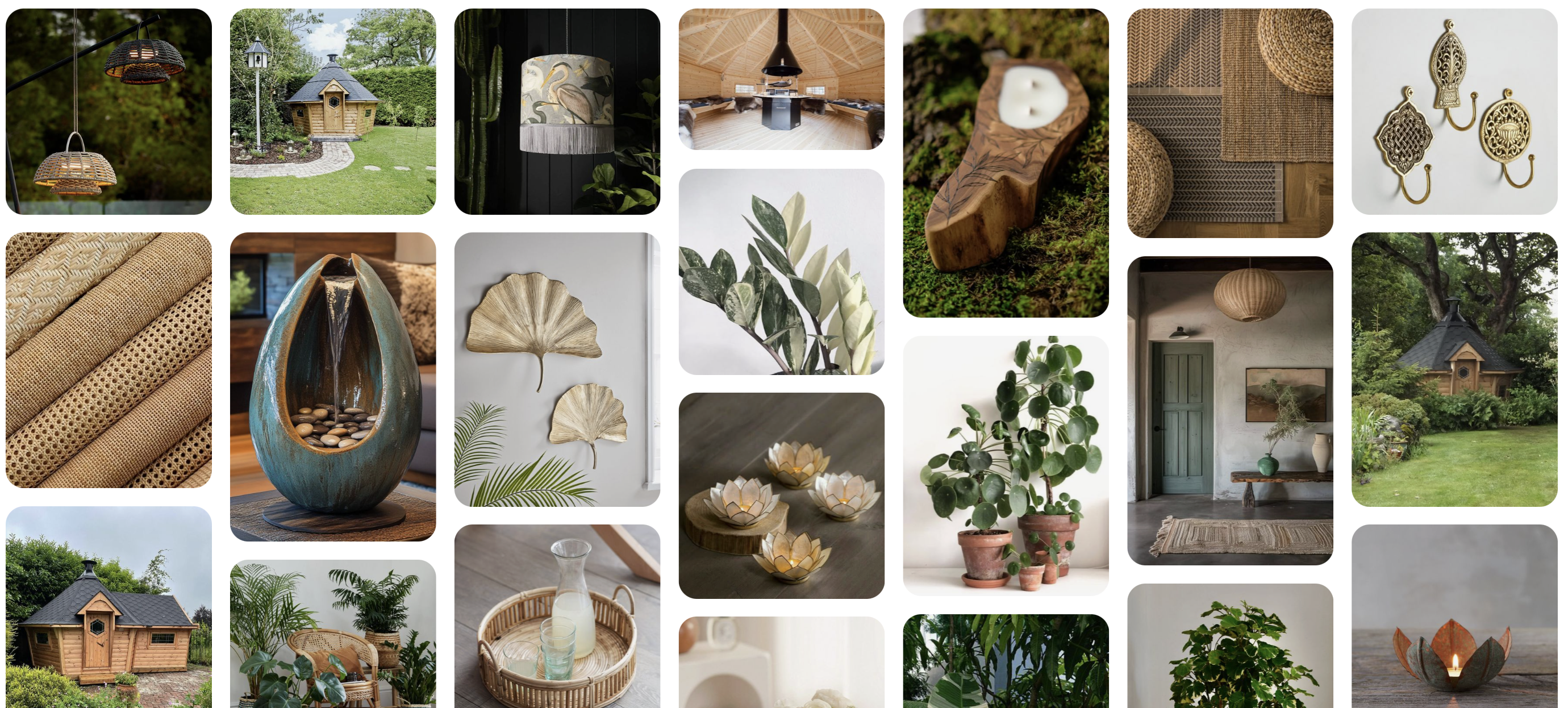 A collection of pinterest images showing a Zen BBQ Cabin theme.