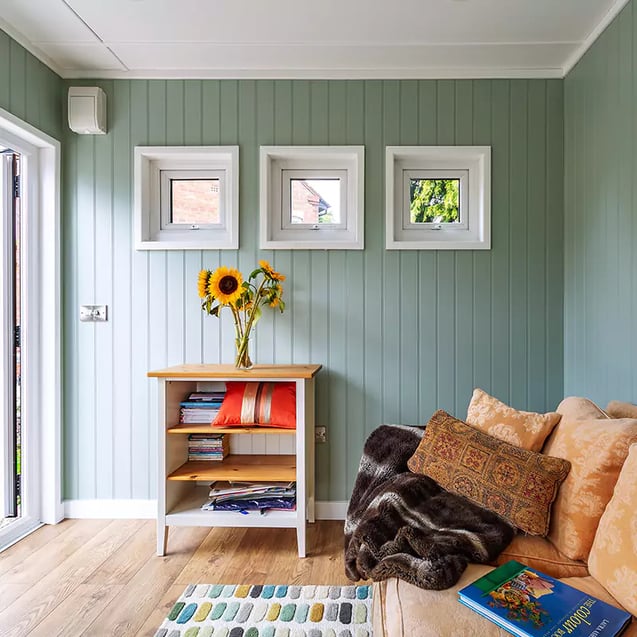The interior of a garden building built for all season use.