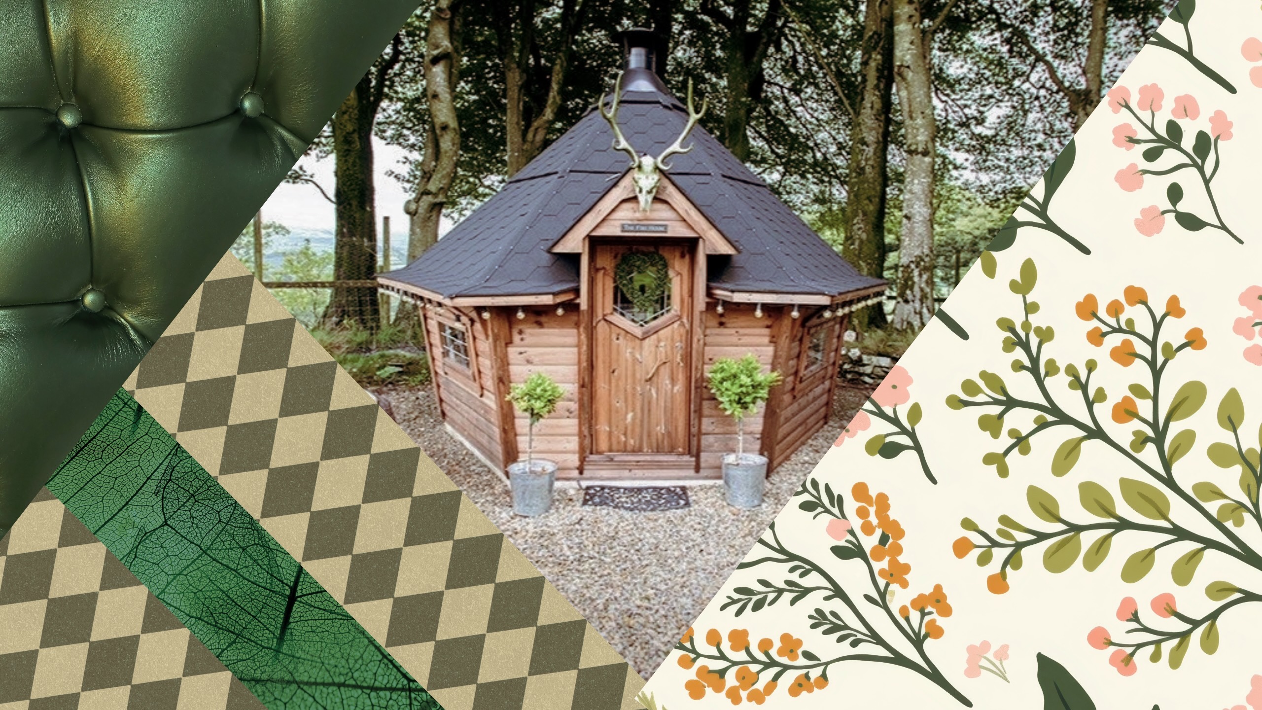 A unique sloping sided BBQ Cabin, with a range of earthy fabrics next to it that fit the vibe. 